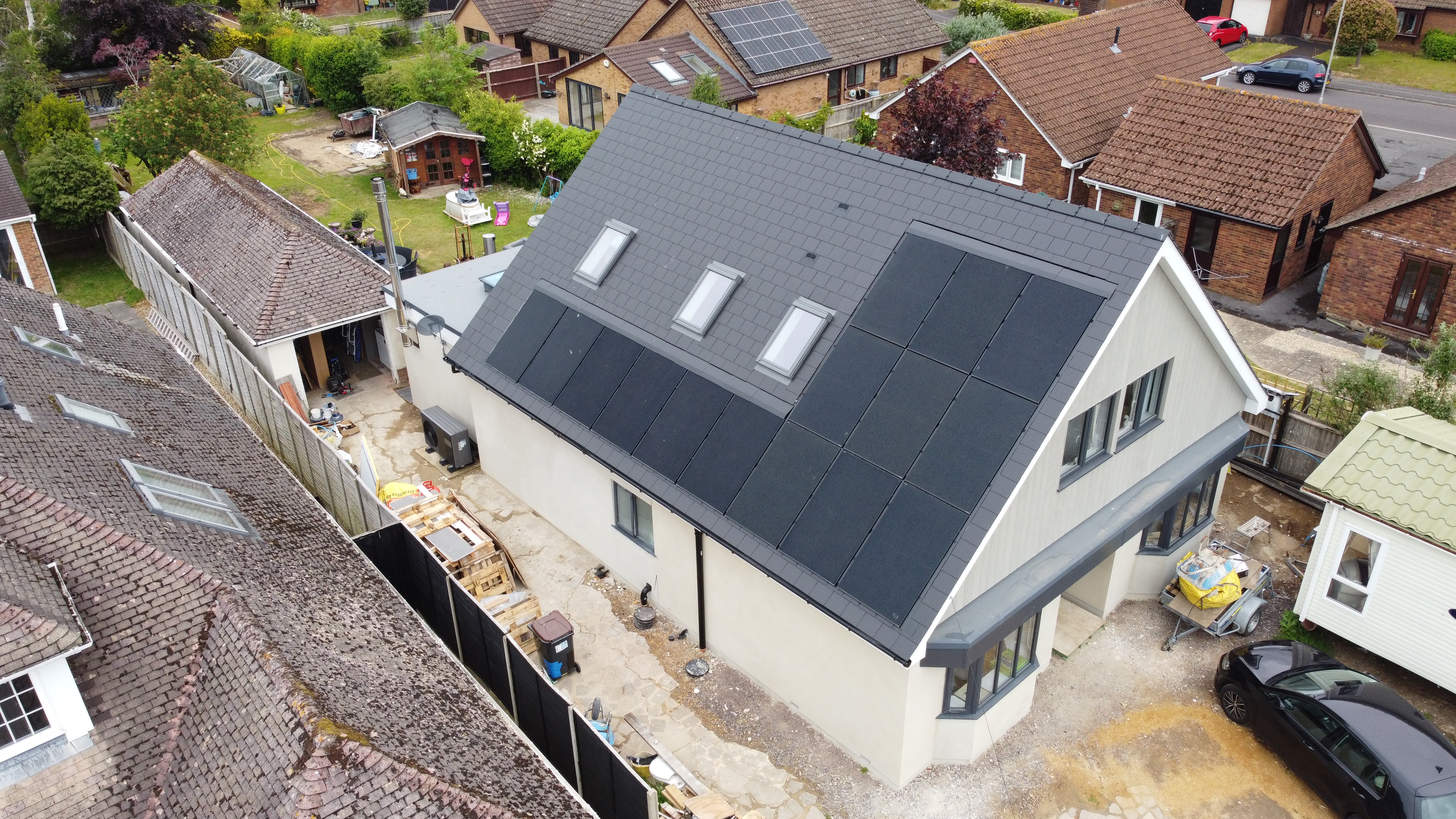 Aerial drone shot of solar installation on Hampshire home