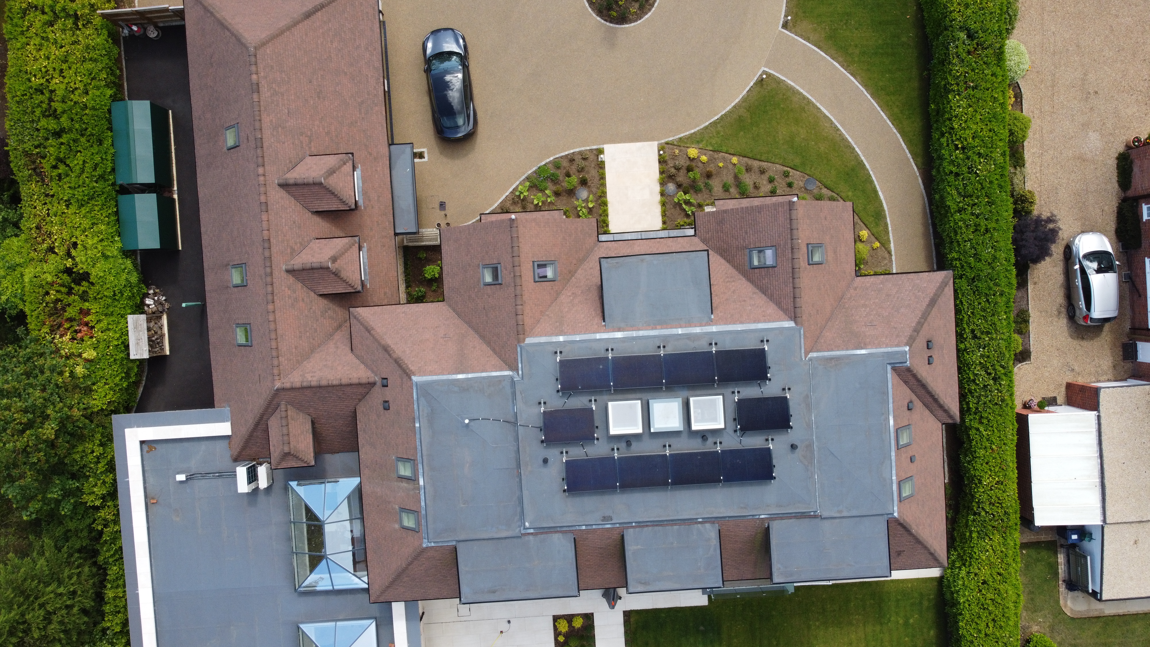 Aerial view of solar panels on residential property